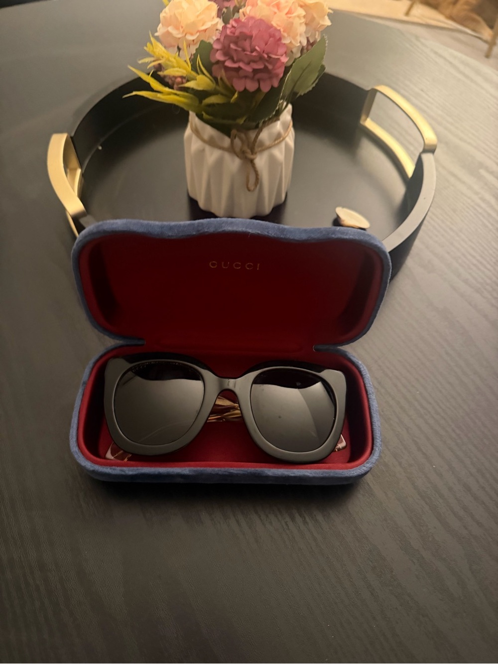 Gucci Black Sunglasses with Blue Velvet Red Lined Case